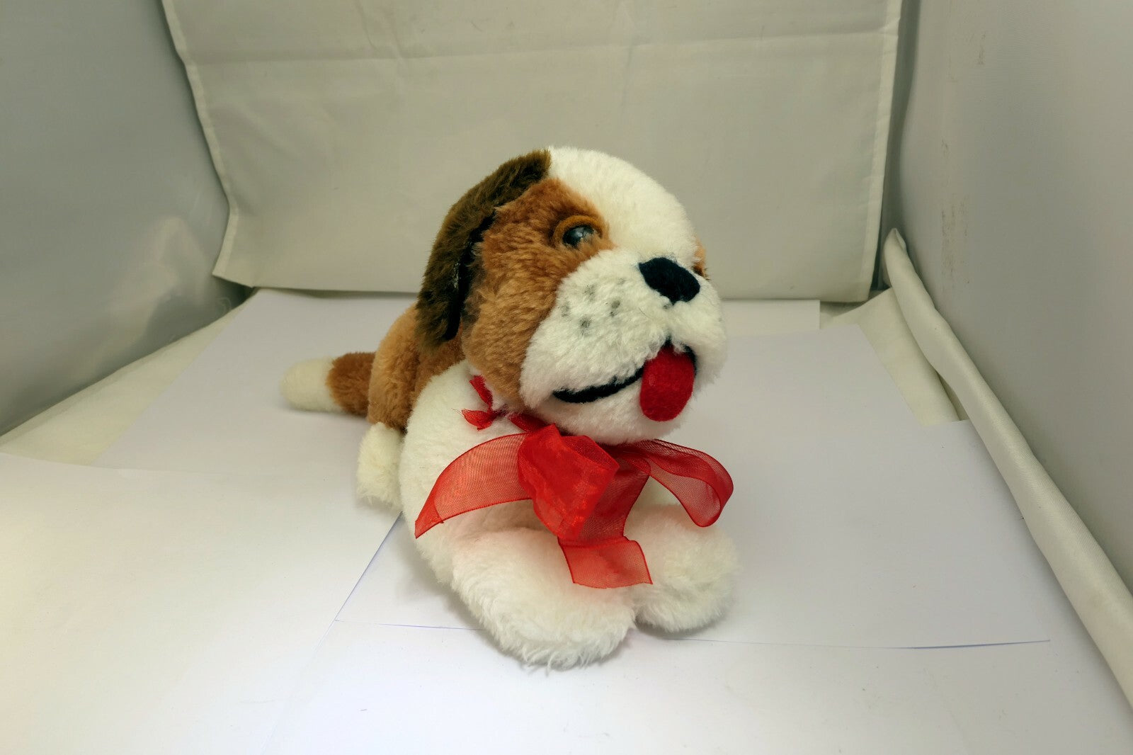 Soft Plush Stuffed Dog 9" brown white red bow vintage Christmas 11"