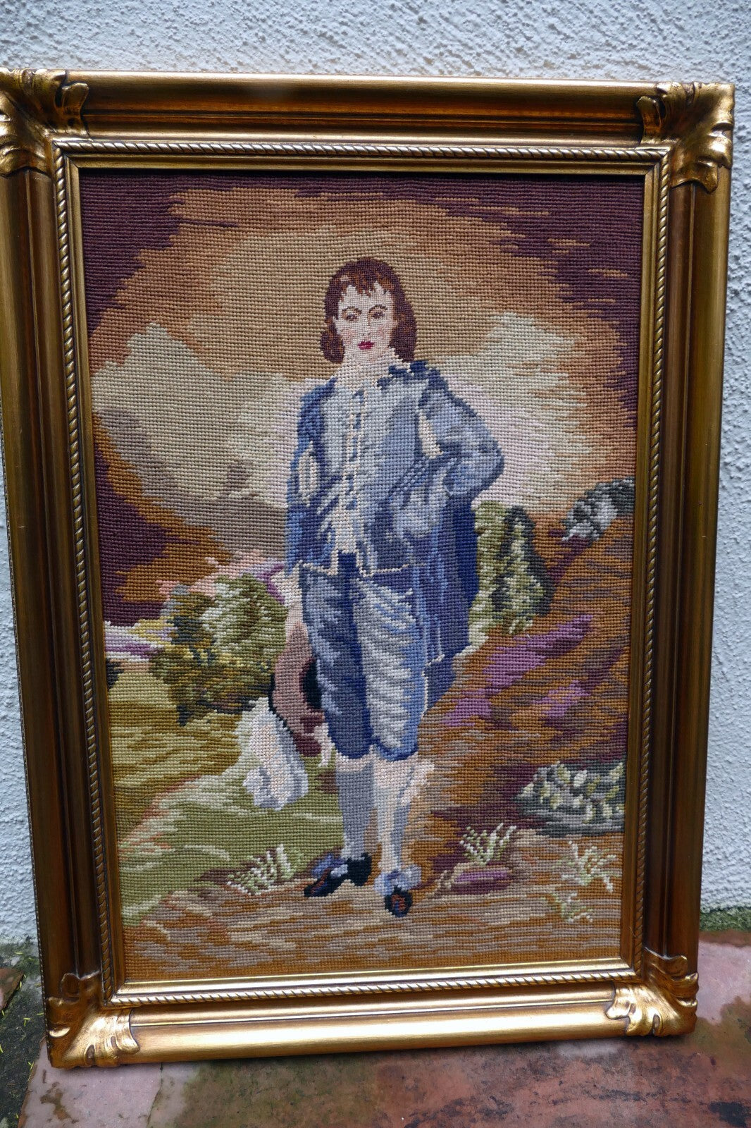 Needlepoint Thomas Gainsborough BLUE BOY Framed Wall Art ~ 24X16" large