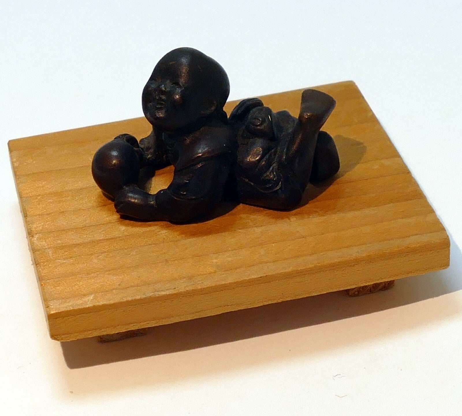 Chinese bronze statue baby child playing 1.5" ojime scroll weight ming