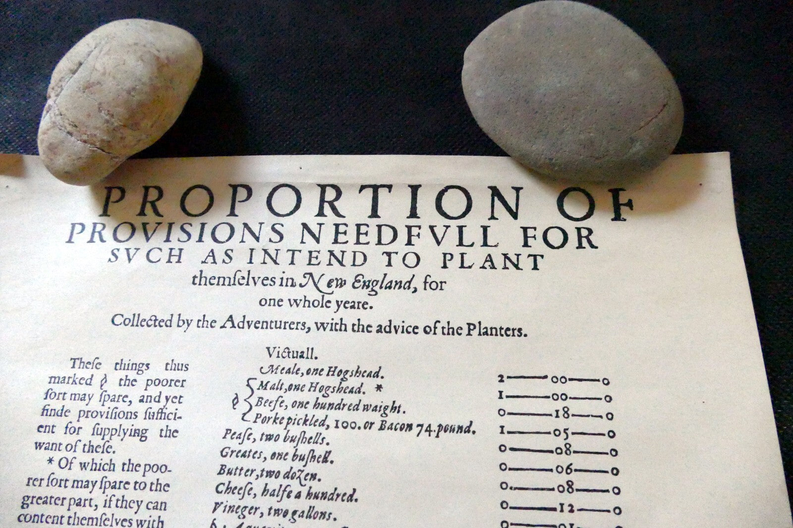 List of Provisions Needfull to Plant New England for a year Poster 1630 reprint