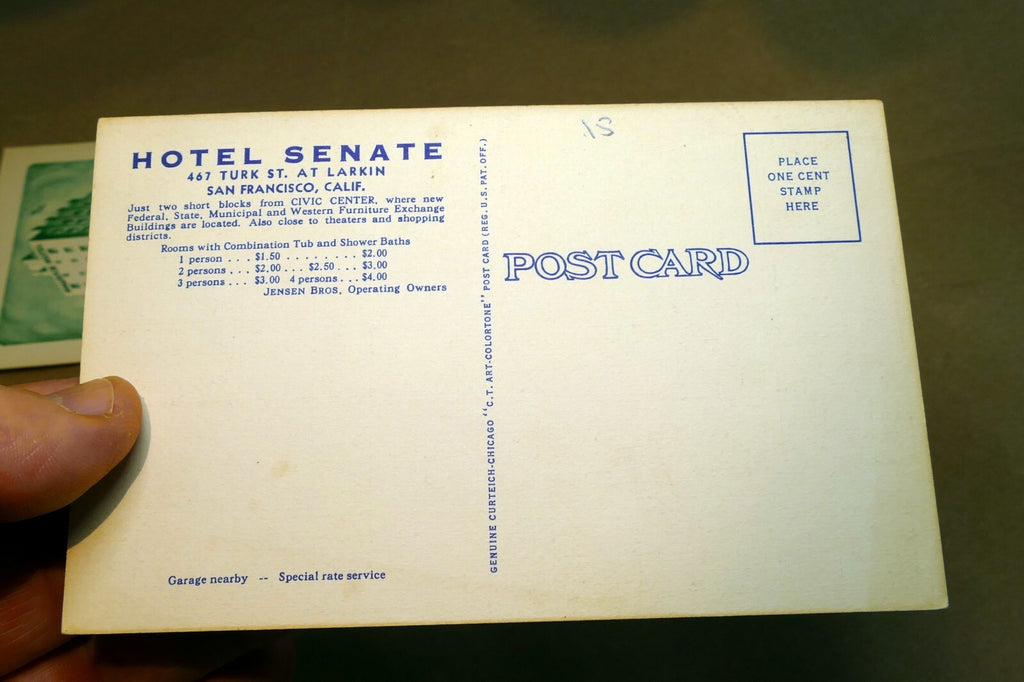 Unposted Postcard lot from 1940's Maurice Western Hotel - Senate San Francisco
