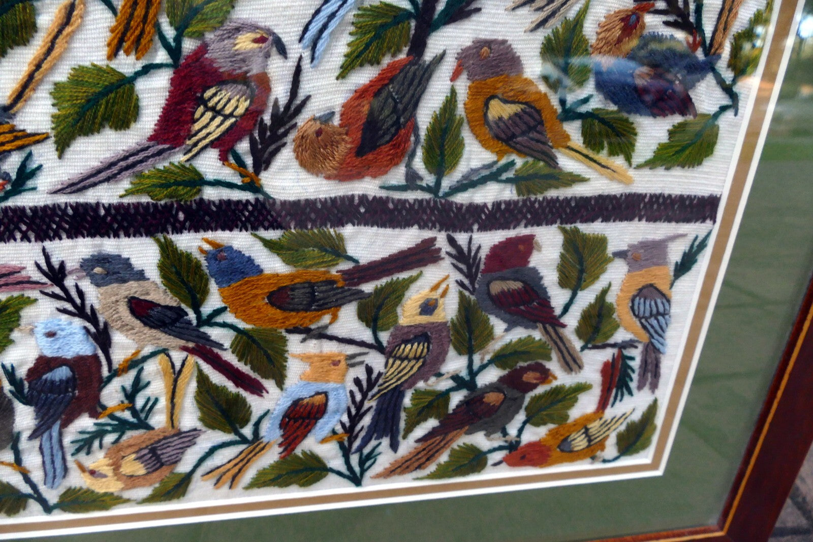 Large Bird Finch Cardinal Cross Stitch Needle Point Folk Art 15X15" Framed