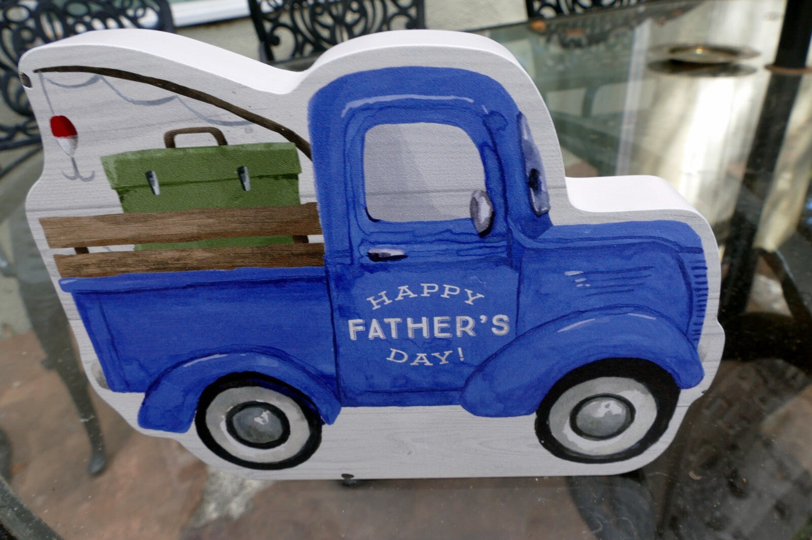 PAINTED WOODEN BLUE TRUCK HAPPY FATHERS DAY 6X8” HANGING ORNAMENT Gone Fishing