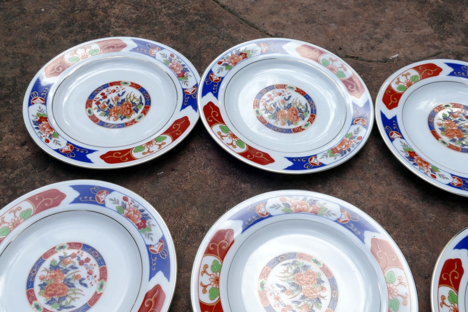 7 TTC China 6.2" Round Desert Plate Gold trim TTN1 Red-Blue Floral made in Japan