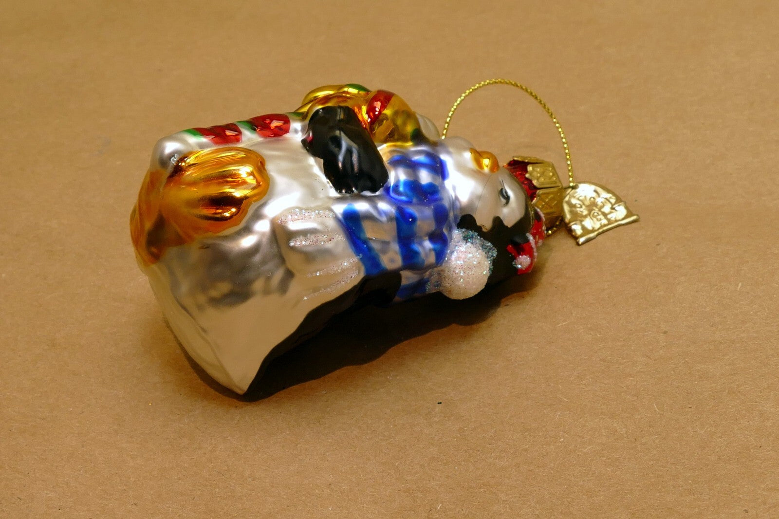 Thomas Pacconi Glass Penguin Christmas Ornament gold Blue w/ a bow