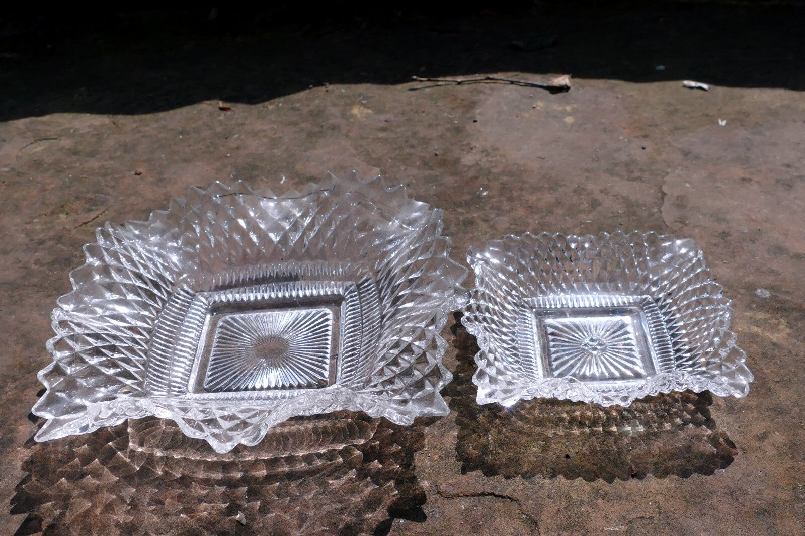 Set of 2 Clear Depression Glass Diamond Point Ruffle Edge Candy/Nut Dish