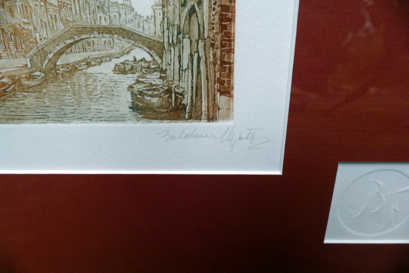 Etching Canal in Venice Pencil Signed matted framed by  B Fe Zaldour