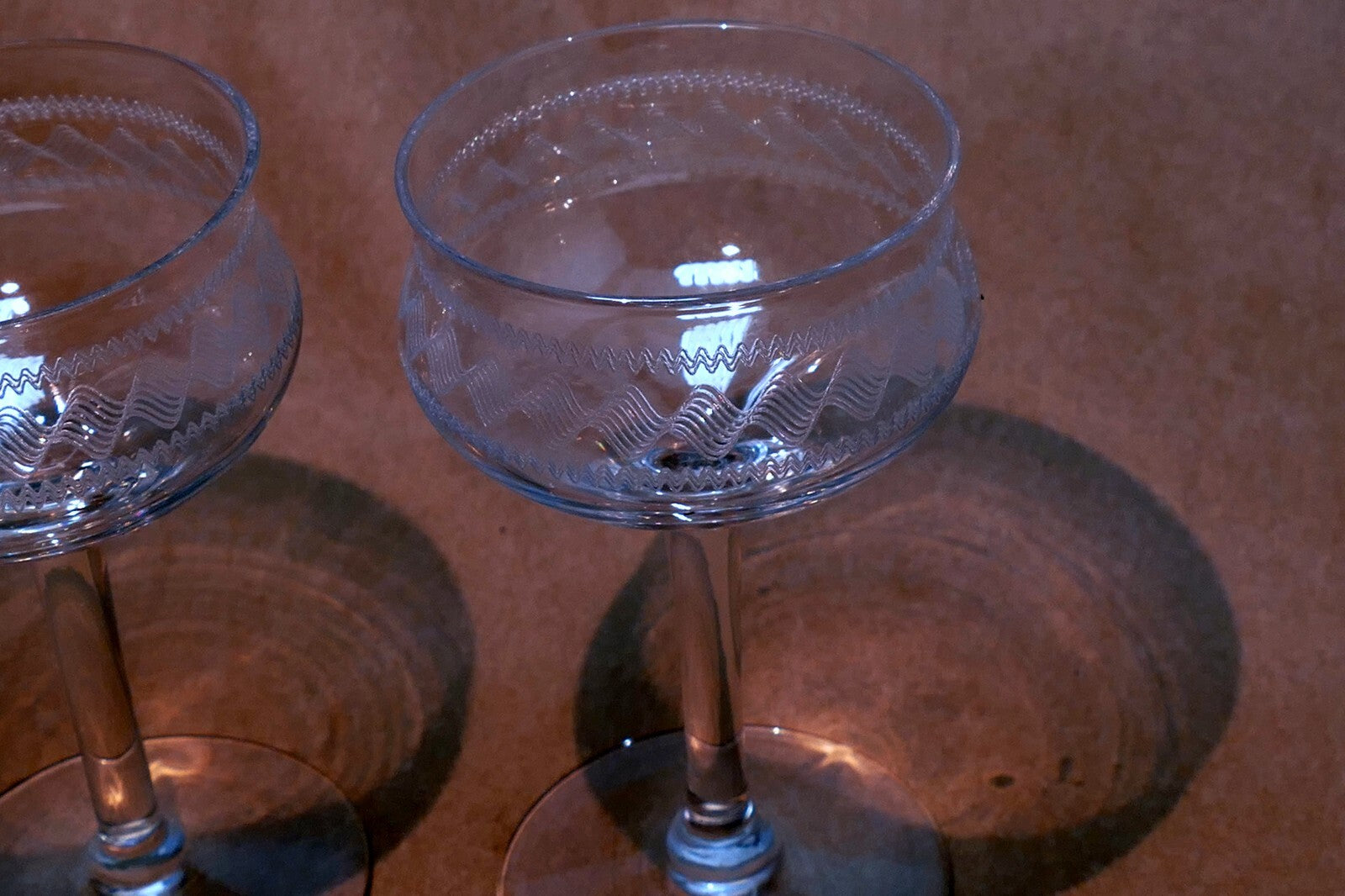 Set of 3 Fostoria Wave Needle Etched 4 1/3" Handled Goblets Cordial crystal lot