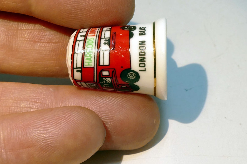 Porcelain Thimble Souvenir  London UK England Bus Red Harrods