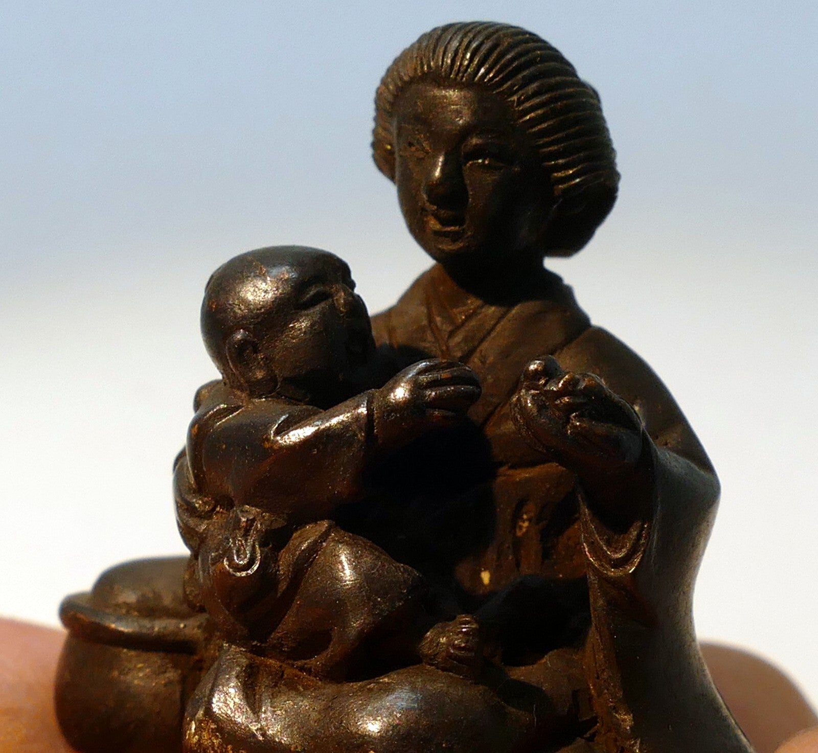 Chinese bronze statue scroll paper weight ming mother and baby playing