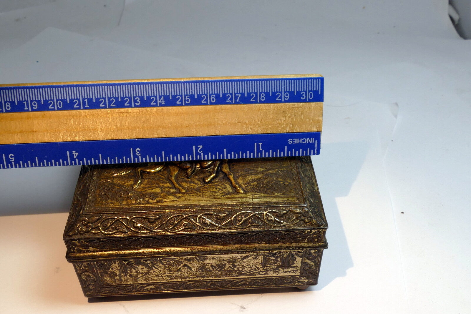 Metal Jewelry Cigarette Tobacco Box JAPAN Soldier w/ rifle musket horse Trinket