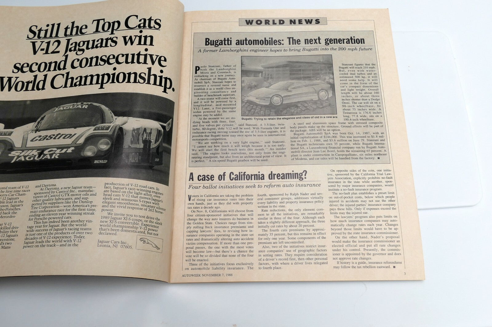 AutoWeek Magazine Nov. 7 1988 Ferrari 250P, 300ZX RX-7 Jaguar XJ 220 Geo Tracker