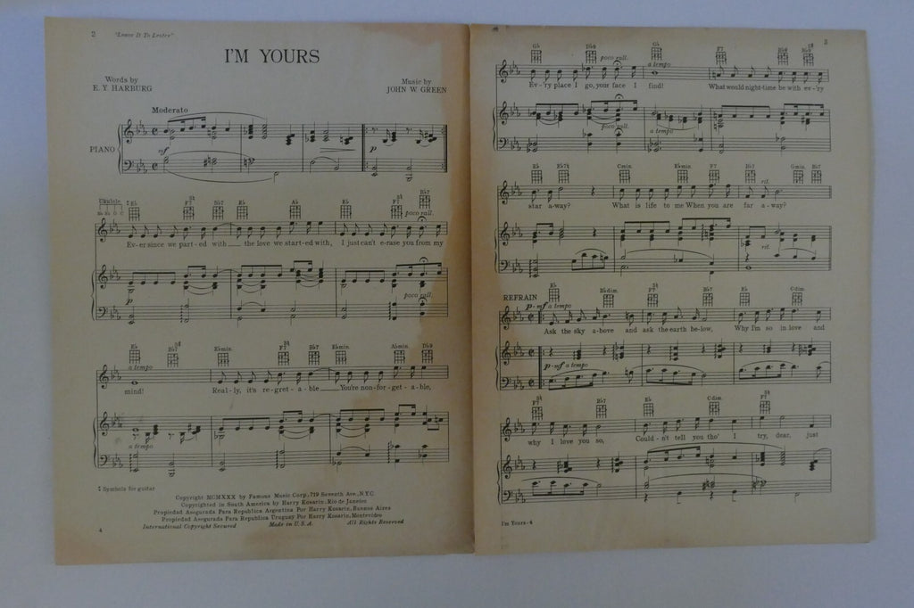 I'm Yours, 1930, from "Leave It To Lester" by John W. Green and E. Y. Harburg,