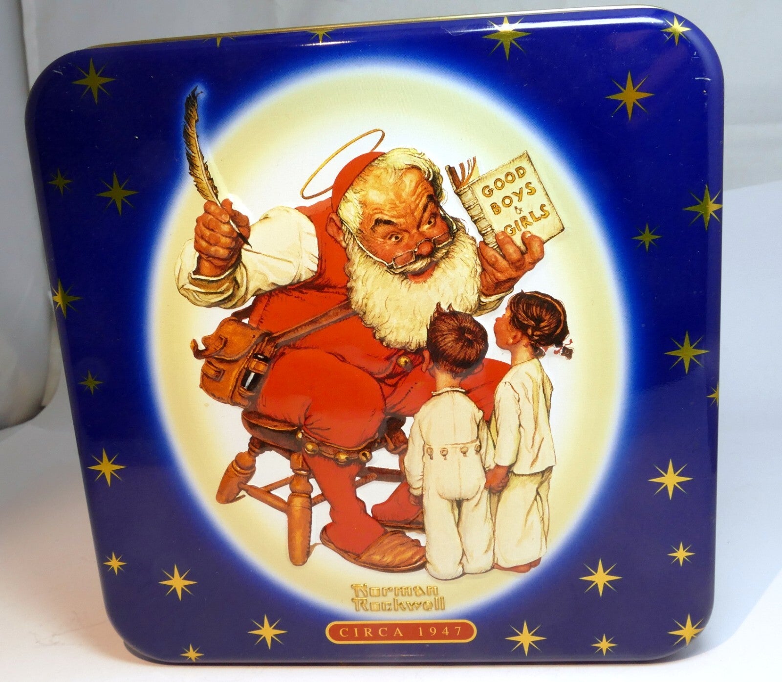 Snickers christmas eve tin empty container santa claus with good boys girls book