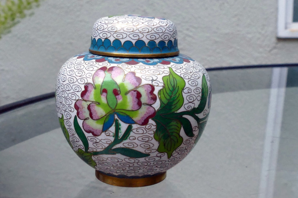 Cloisonne Ginger Jar with top lid enamel brass 3X3.5" small