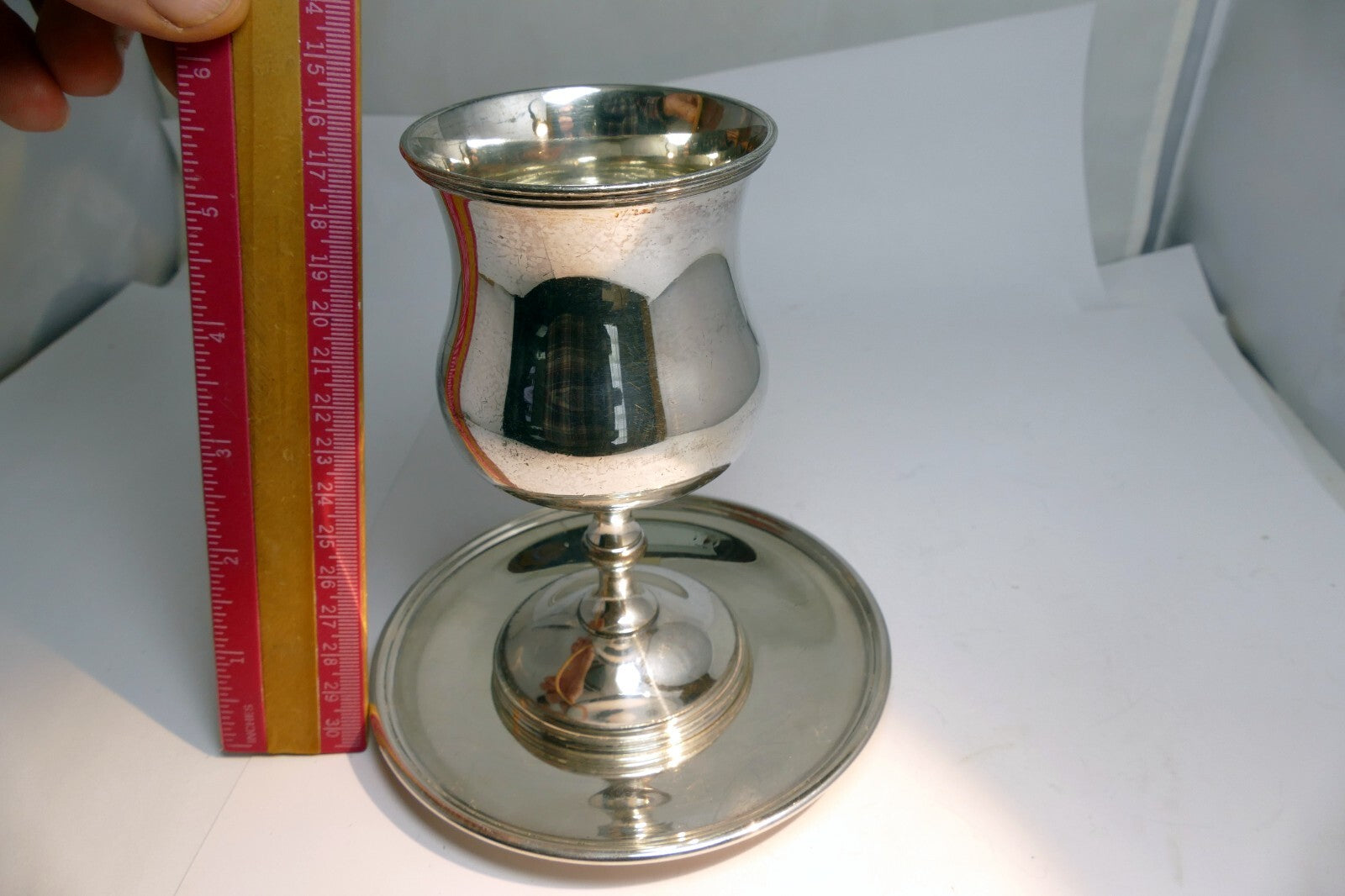 Pewter Goblet by Wallace Bros Silver Co.  V V 52 5.5" tall with plate saucer