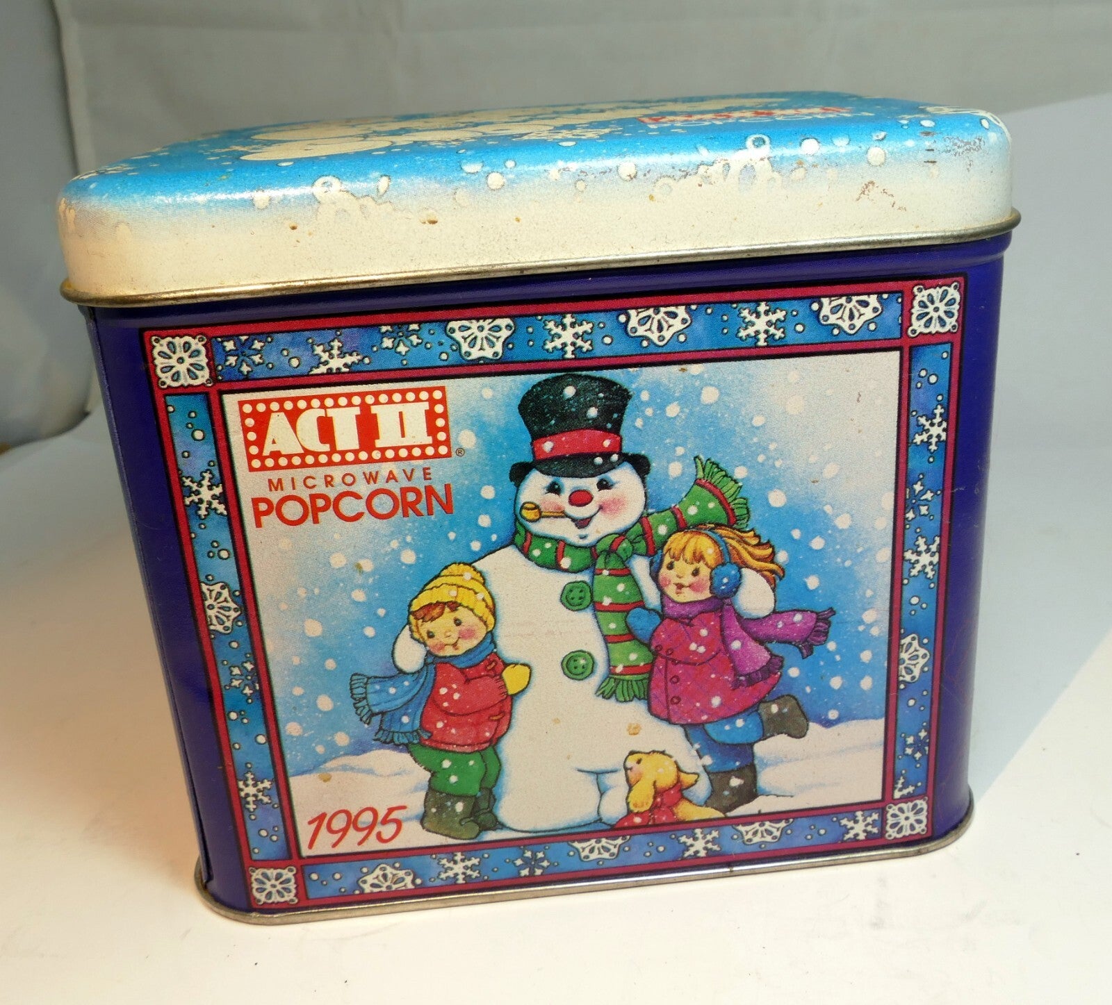 Act ii popcorn christmas eve tin empty container frosty snowman kids skating