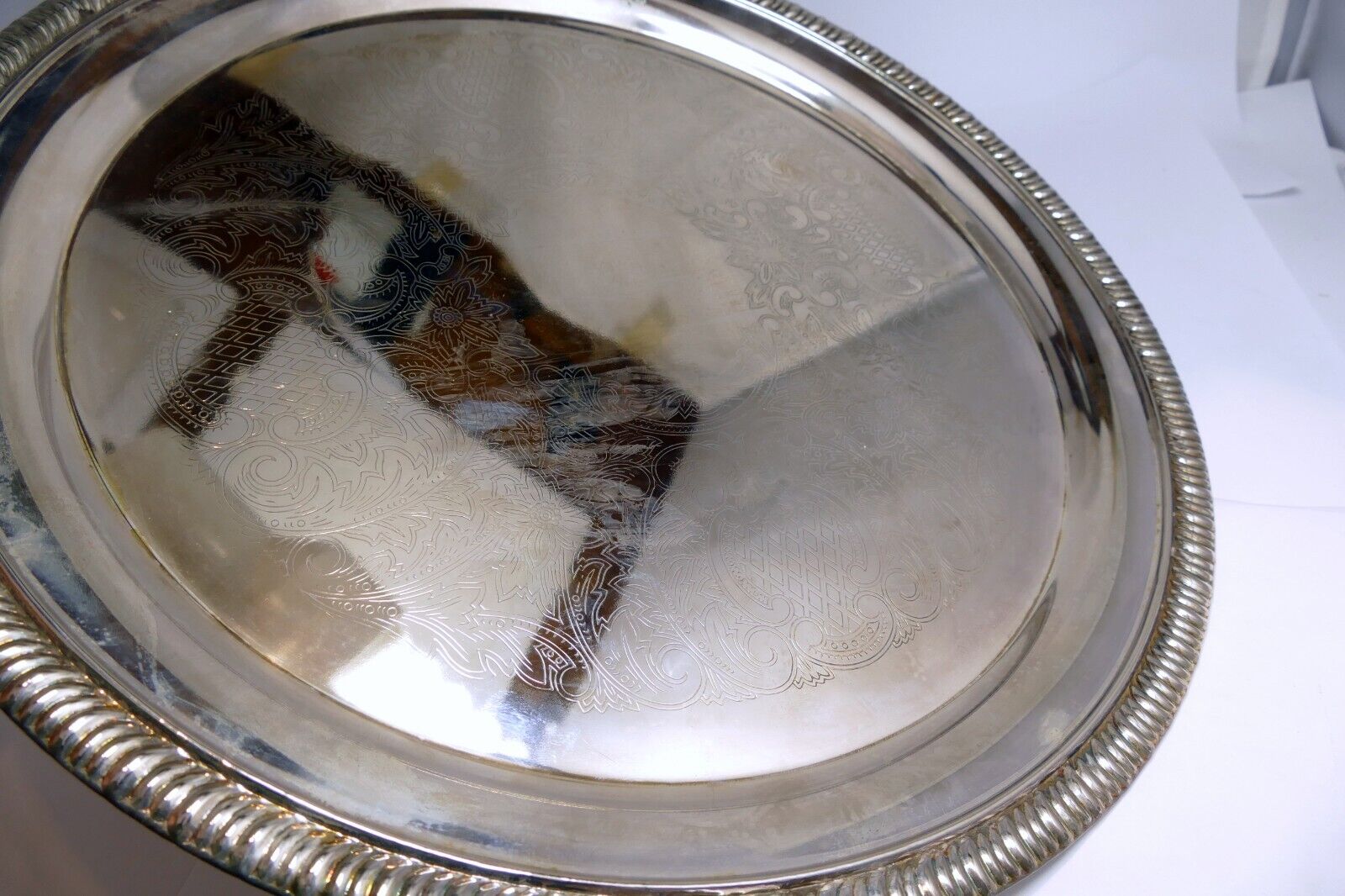 12" Silverplate Round Etched Serving Tray Food Platter Plate Silver Plated Plate