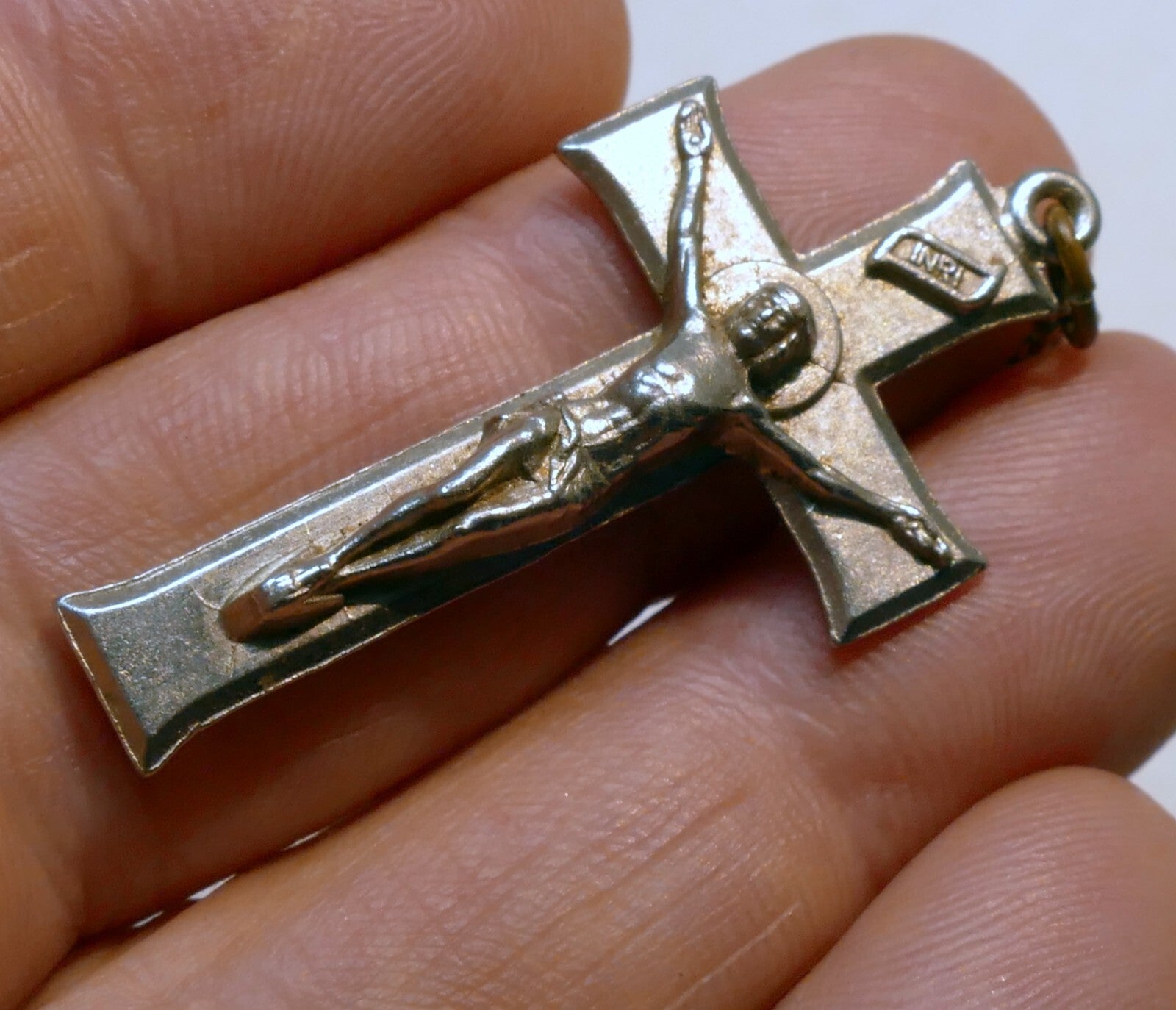 Metal Crucifix Cross Pendant Charm - ITALY vintage 1.5" long Catholic