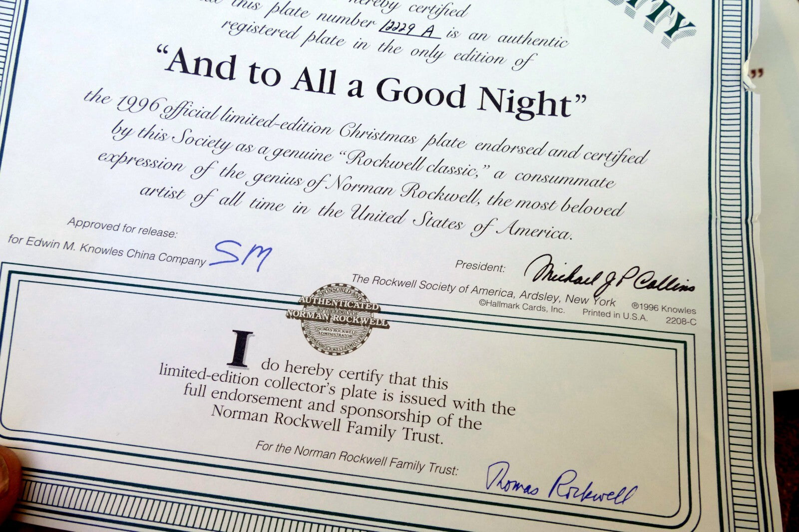 NORMAN ROCKWELL And to all a Good Night Plate 1996 Christmas Knowles COA