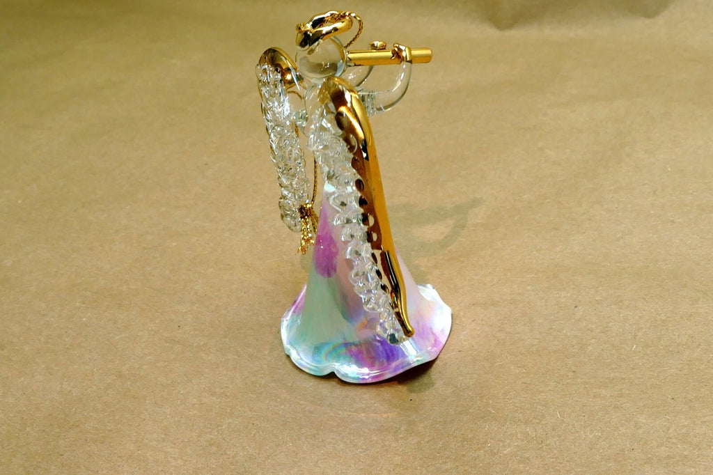 Spun Glass Crystal Christmas Ornament  Angel Gold with trumpet