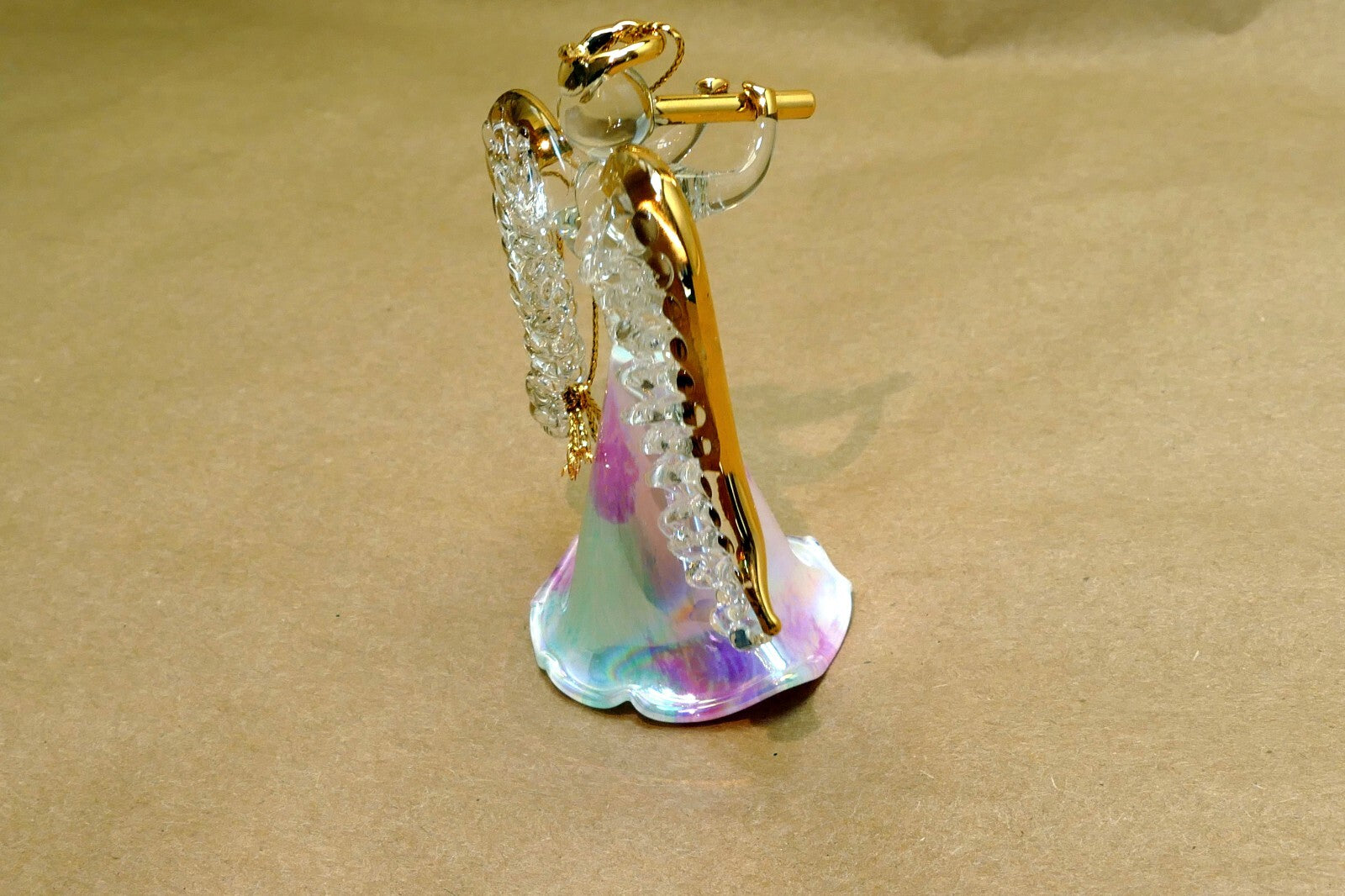 Spun Glass Crystal Christmas Ornament  Angel Gold with trumpet