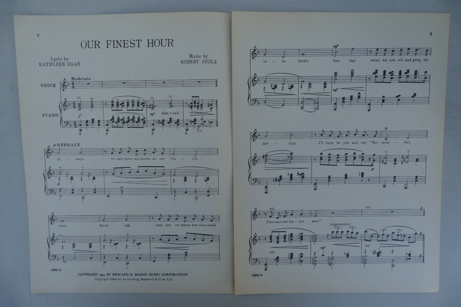 Our Finest Hour 1949 by Robert Stolz and Kathleen Egan Edward B. Marks Music Co.