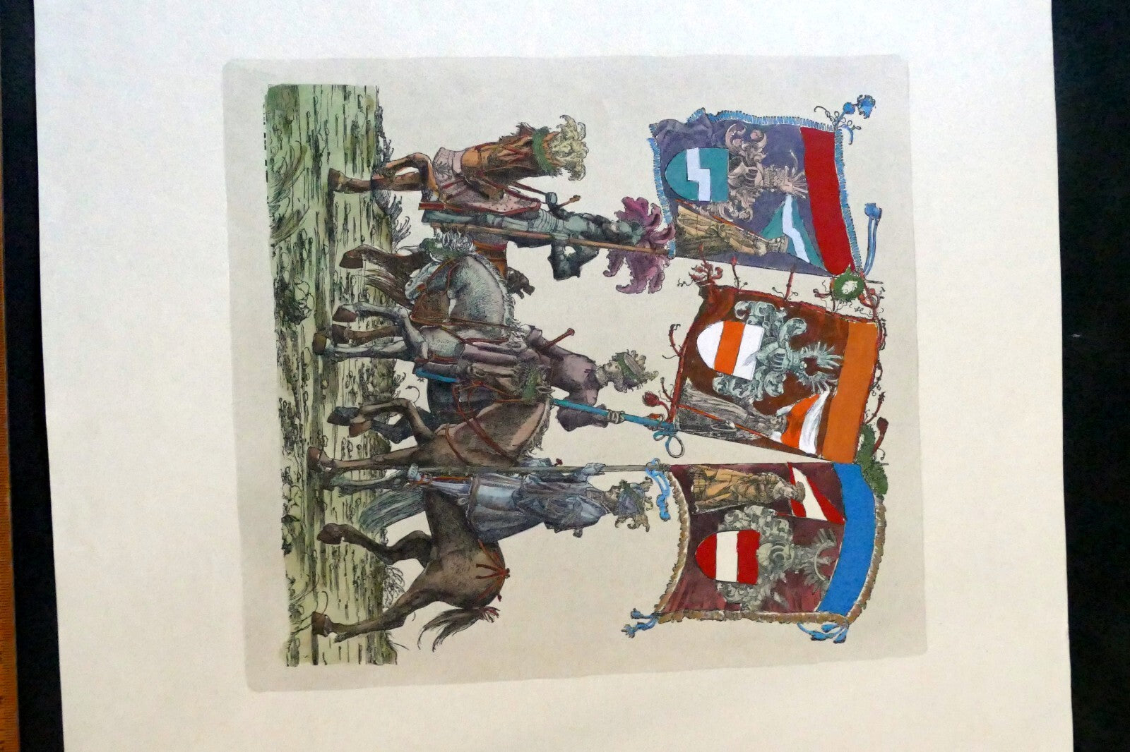 KNIGHT Flag Bearer HAND COLORED ENGRAVING large 21X24"
