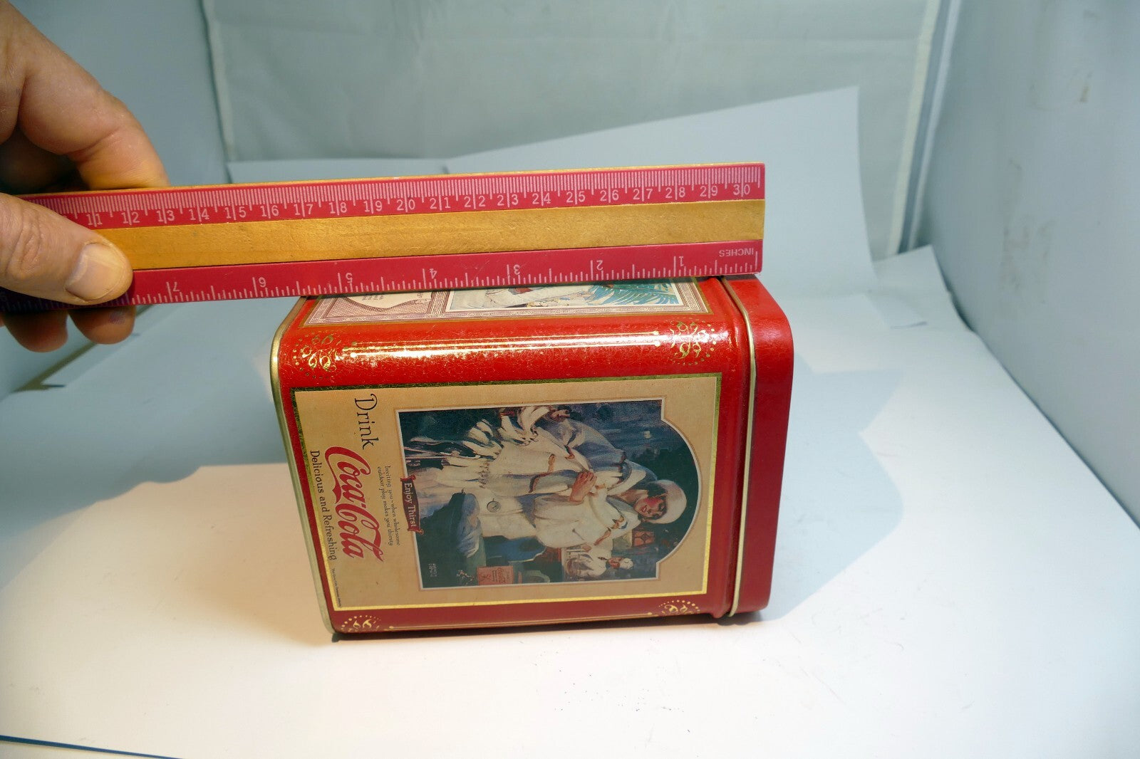 Vintage Coca-Cola Tin Can 1994 Red & Gold "Enjoy Thirst" Drink rectangle  5.5"