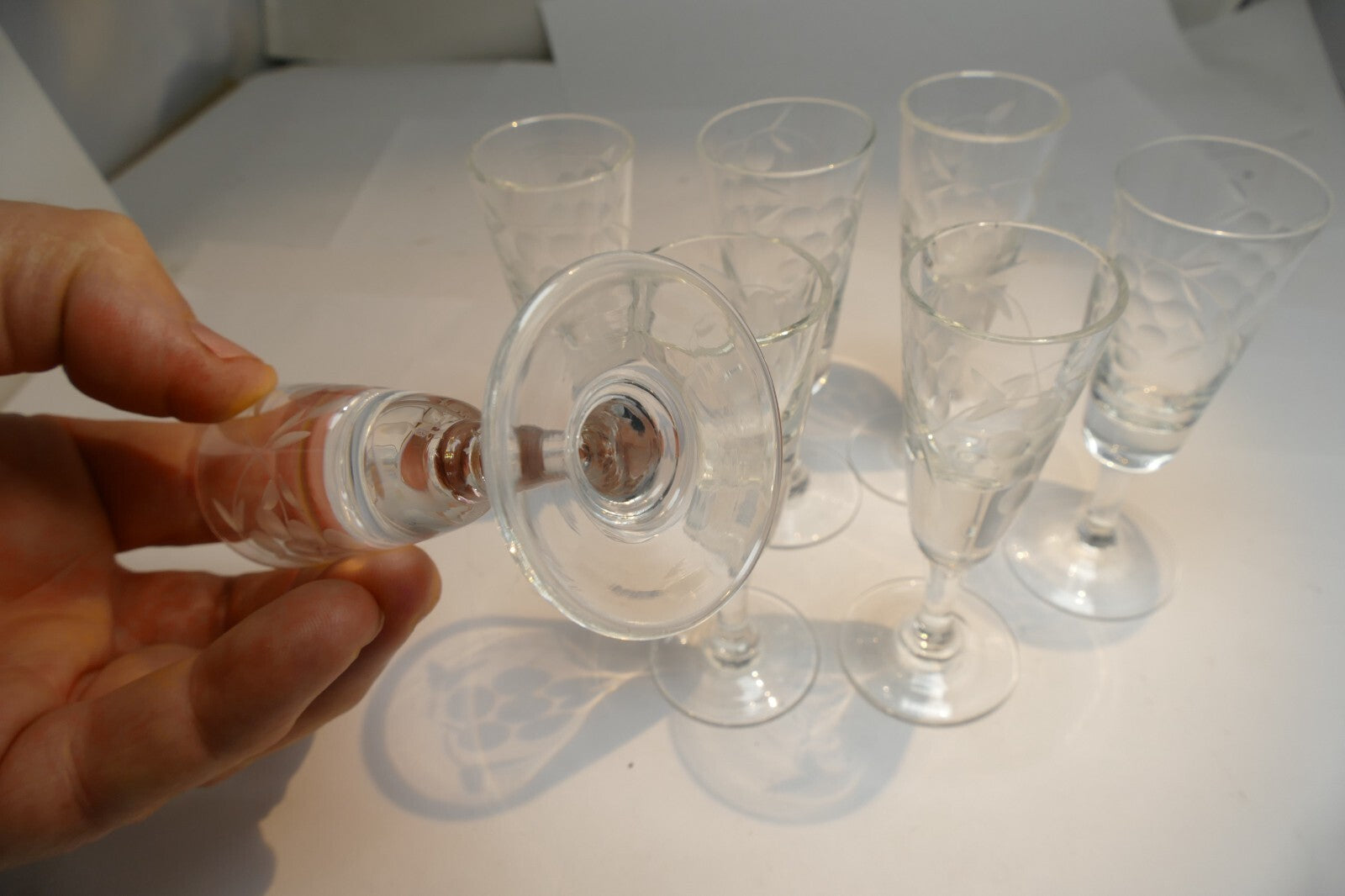 Lot of 7 Clear Crystal Goblets Cut Grape Ridges 1 oz Footed  Goblet small  set