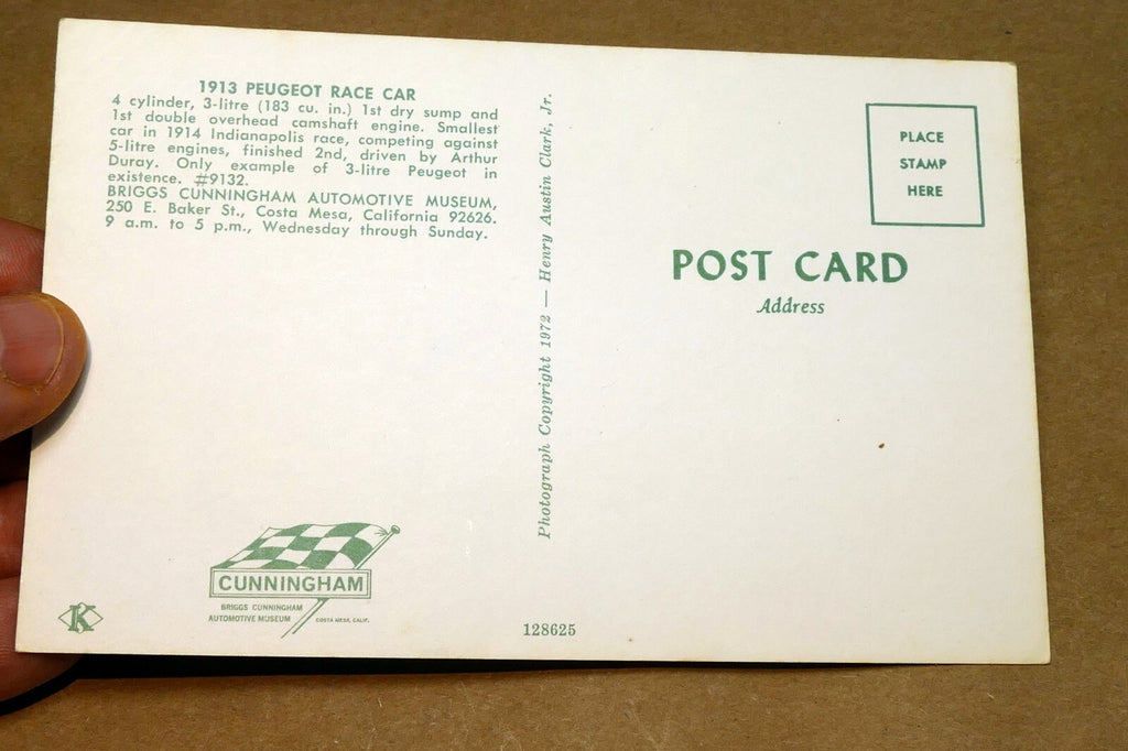 Unposted Postcard 1913 Peugeot Race Car from Briggs Museum 1972