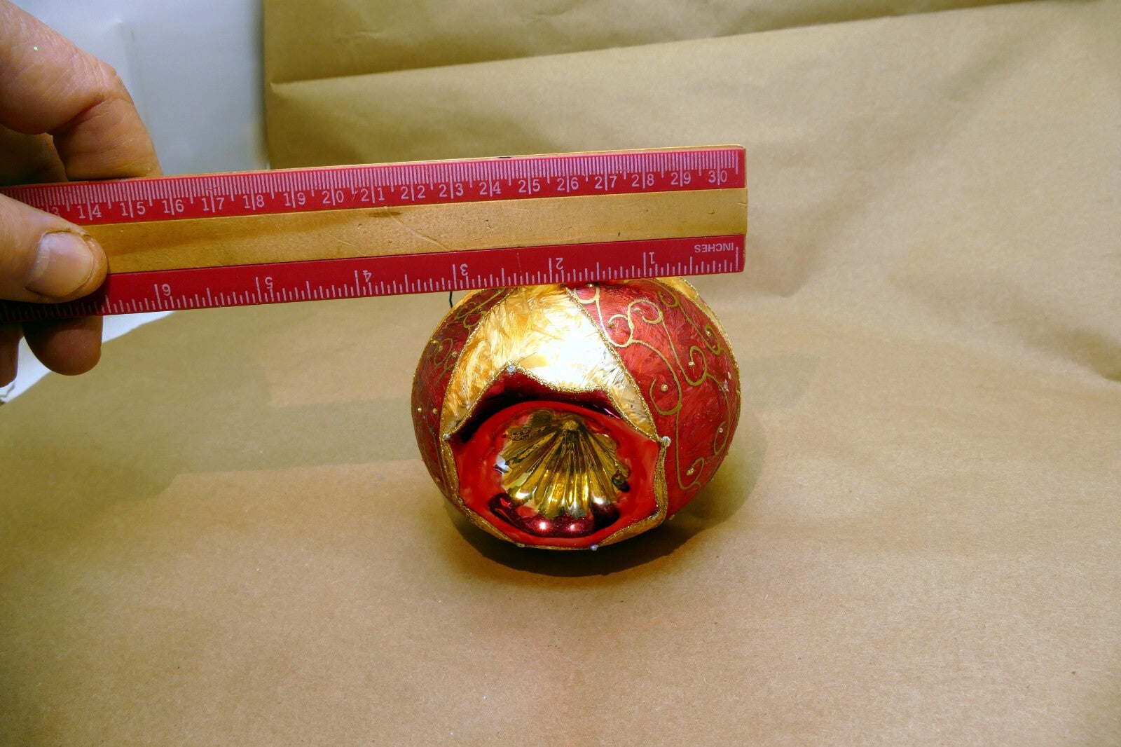 Blown Glass Gold-Red triple indent Christmas Ornament 4" Ball Mica Venice