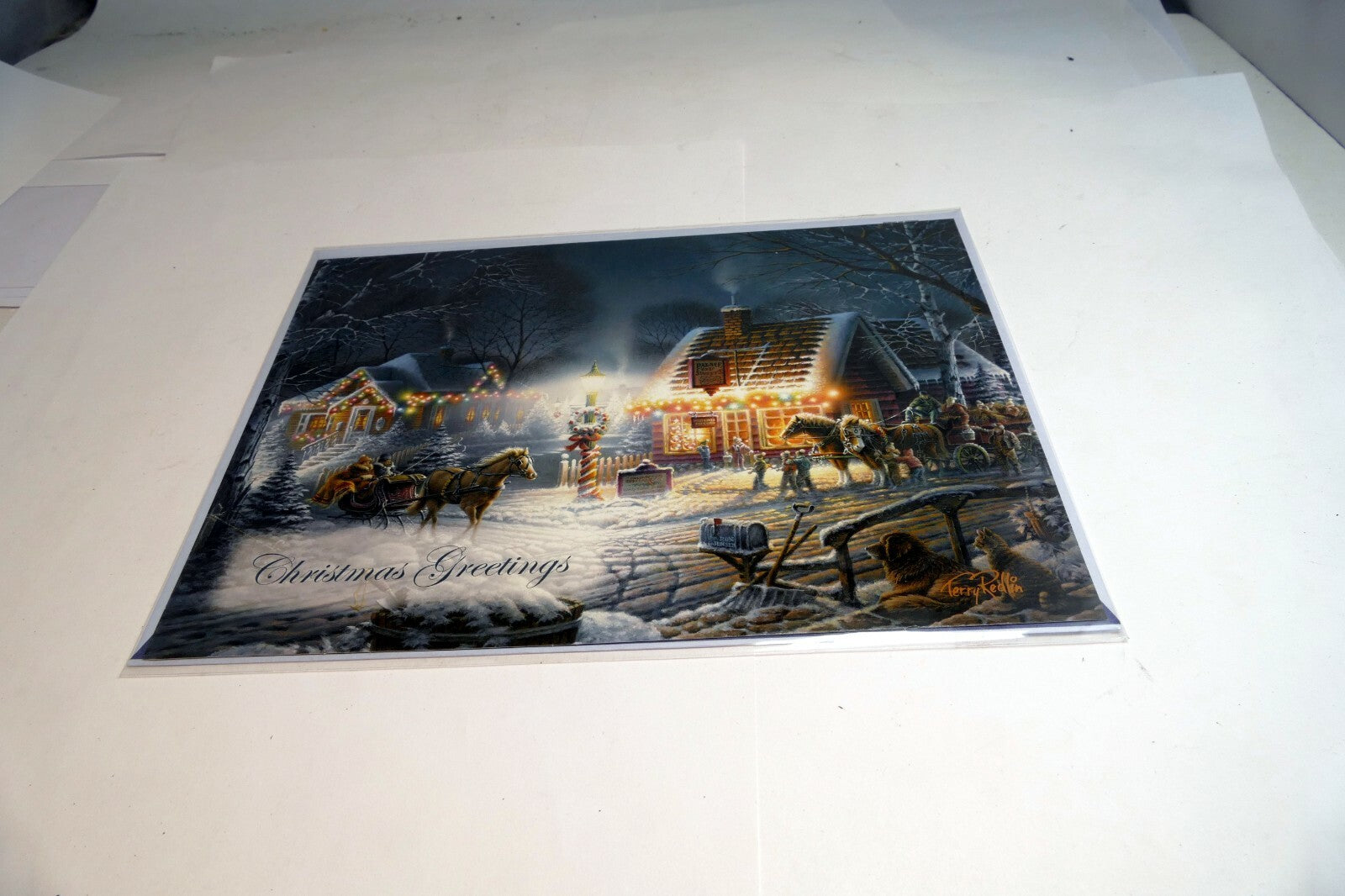 Christmas Card Season's Greeting vintage home snow winter horse sleigh dog kids