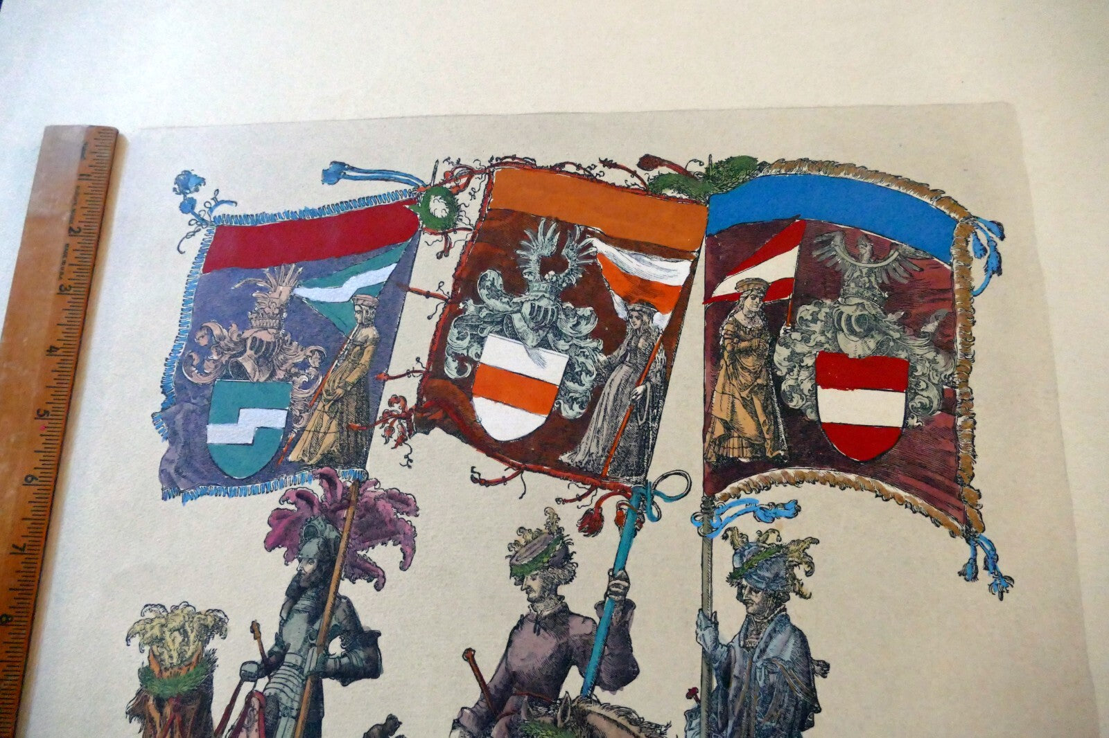 KNIGHT Flag Bearer HAND COLORED ENGRAVING large 21X24"