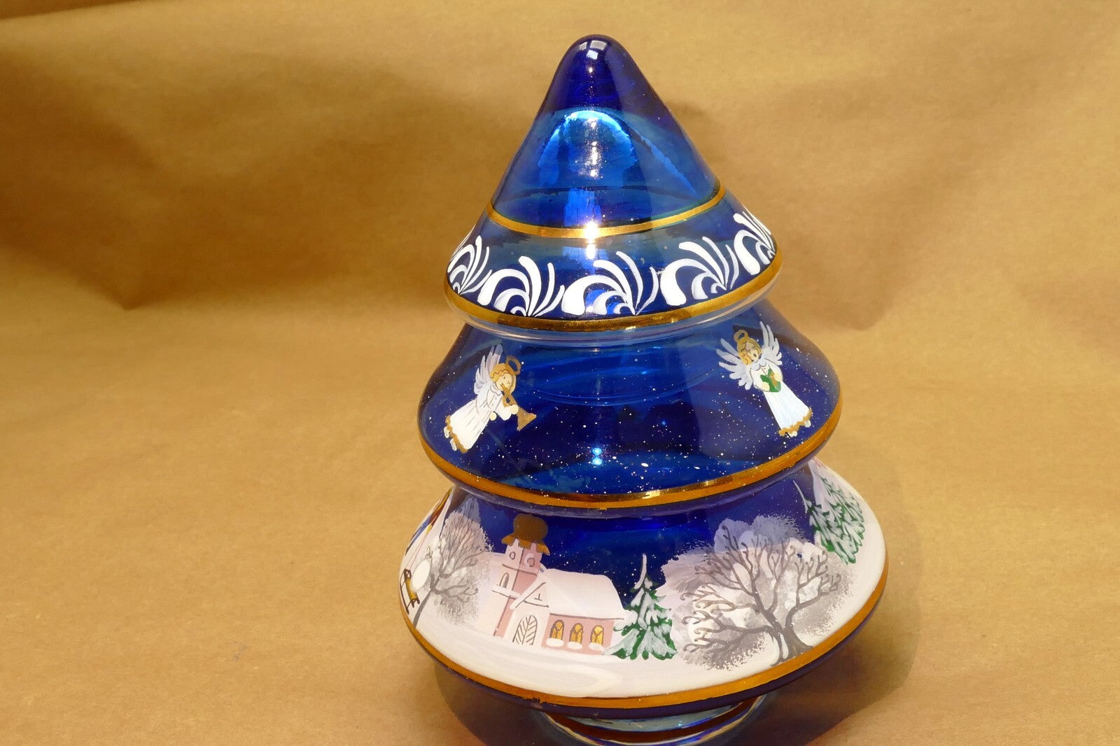5" Hand Blown Glass Christmas Scene trinket box painted blue