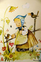 Hummel charity girl with birds postcard w. germany art   unposted   mint