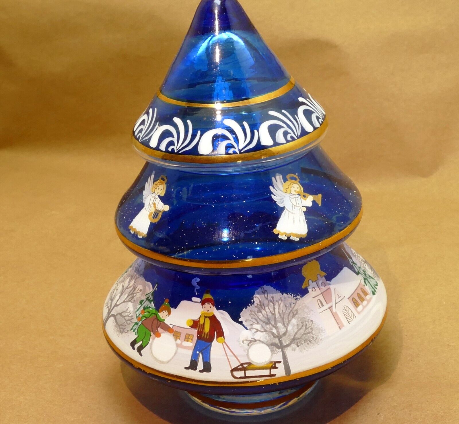 5" hand blown glass christmas scene trinket box painted blue