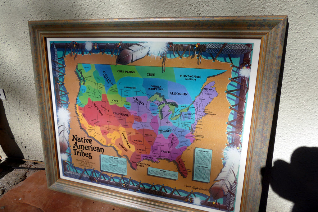 LARGE FRAMED TRIBES OF THE NaTIVE AMERICAN NATION PICTORIAL MAP Cherokee 1989