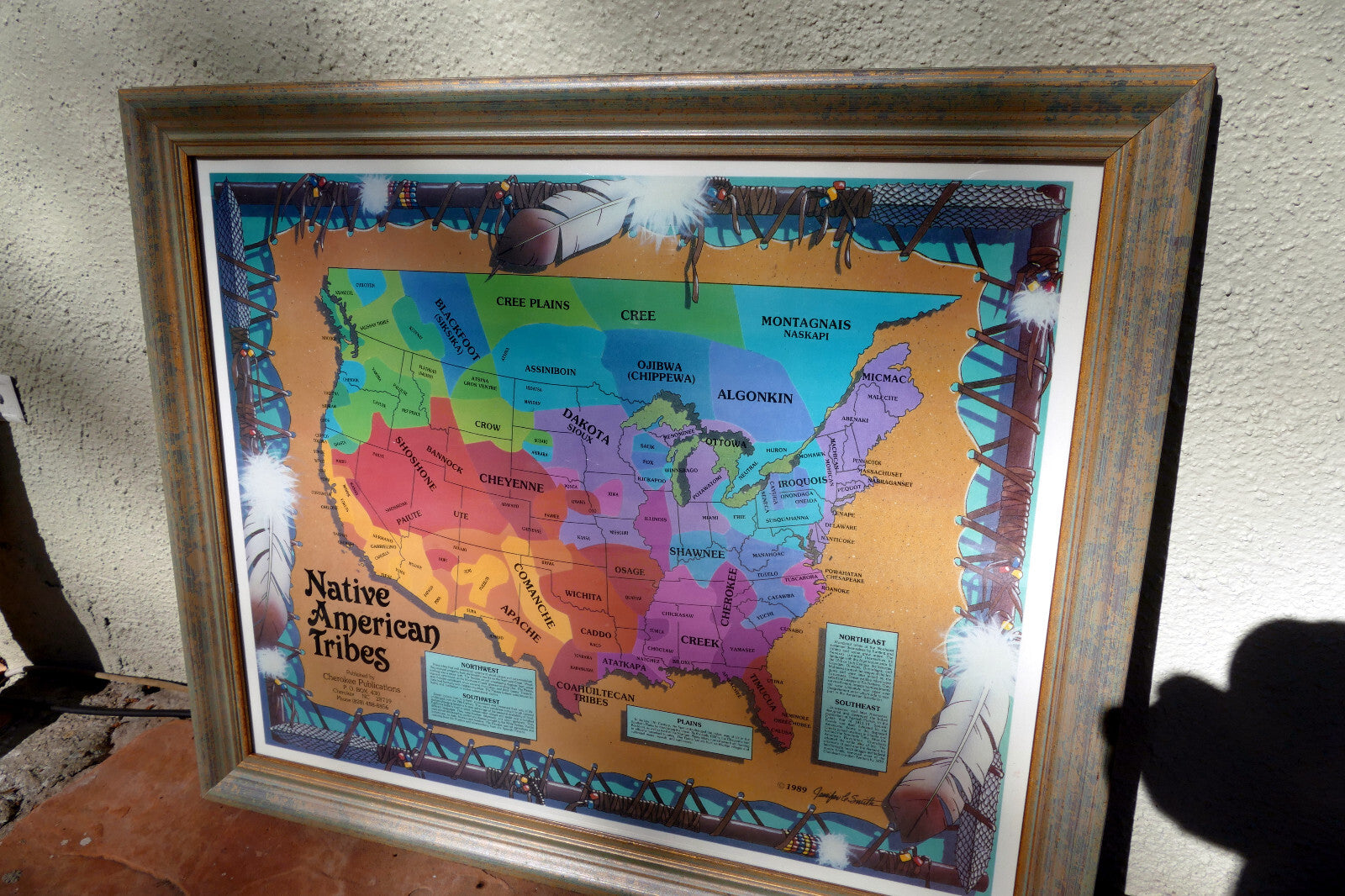 LARGE FRAMED TRIBES OF THE NaTIVE AMERICAN NATION PICTORIAL MAP Cherokee 1989