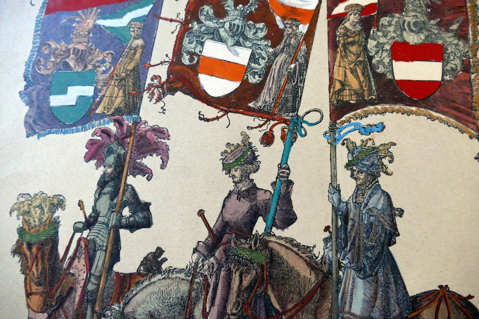 KNIGHT Flag Bearer HAND COLORED ENGRAVING large 21X24"