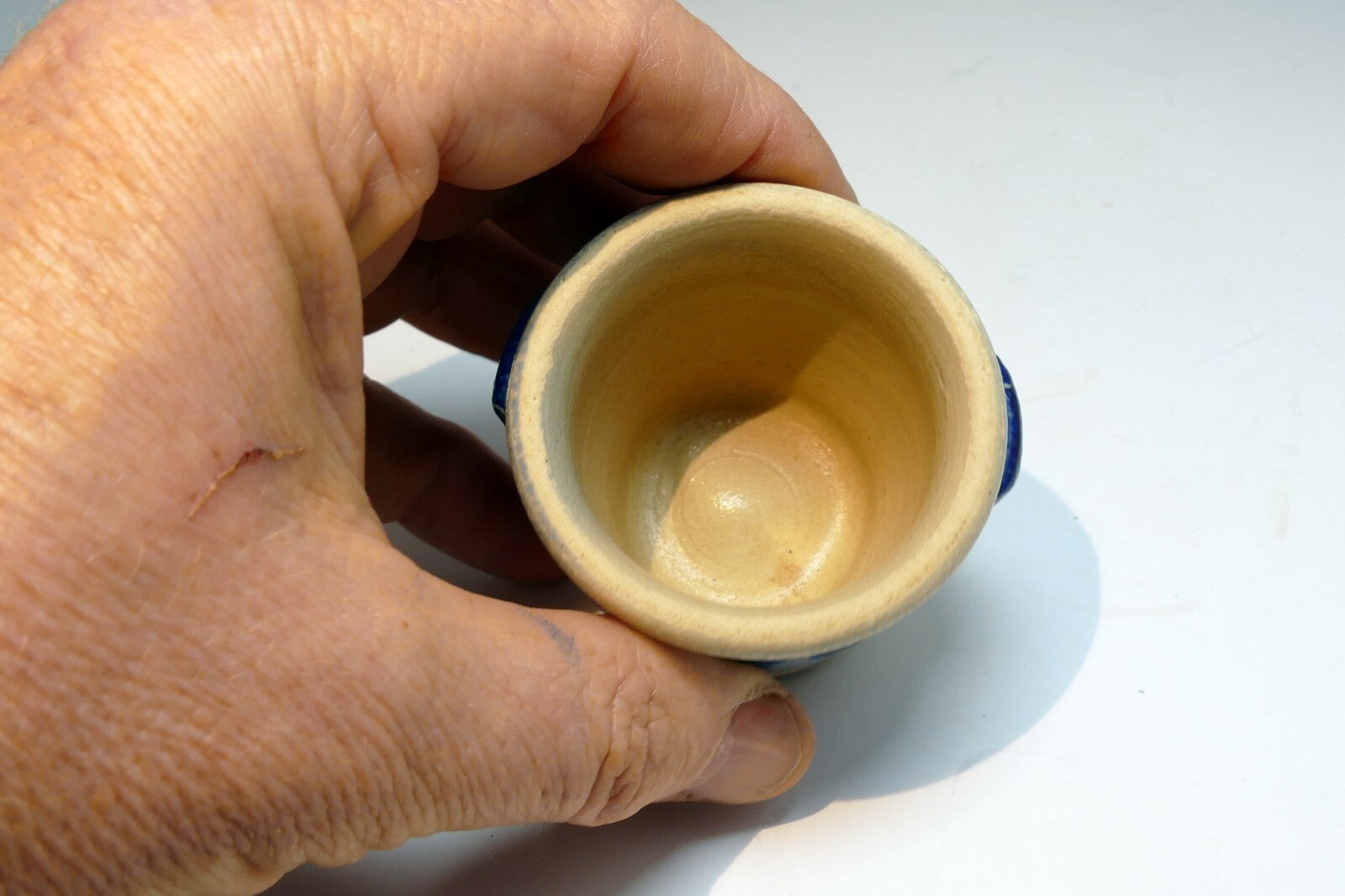 Blue Ceramic tealight candle holder  vintage clay pottery 2"