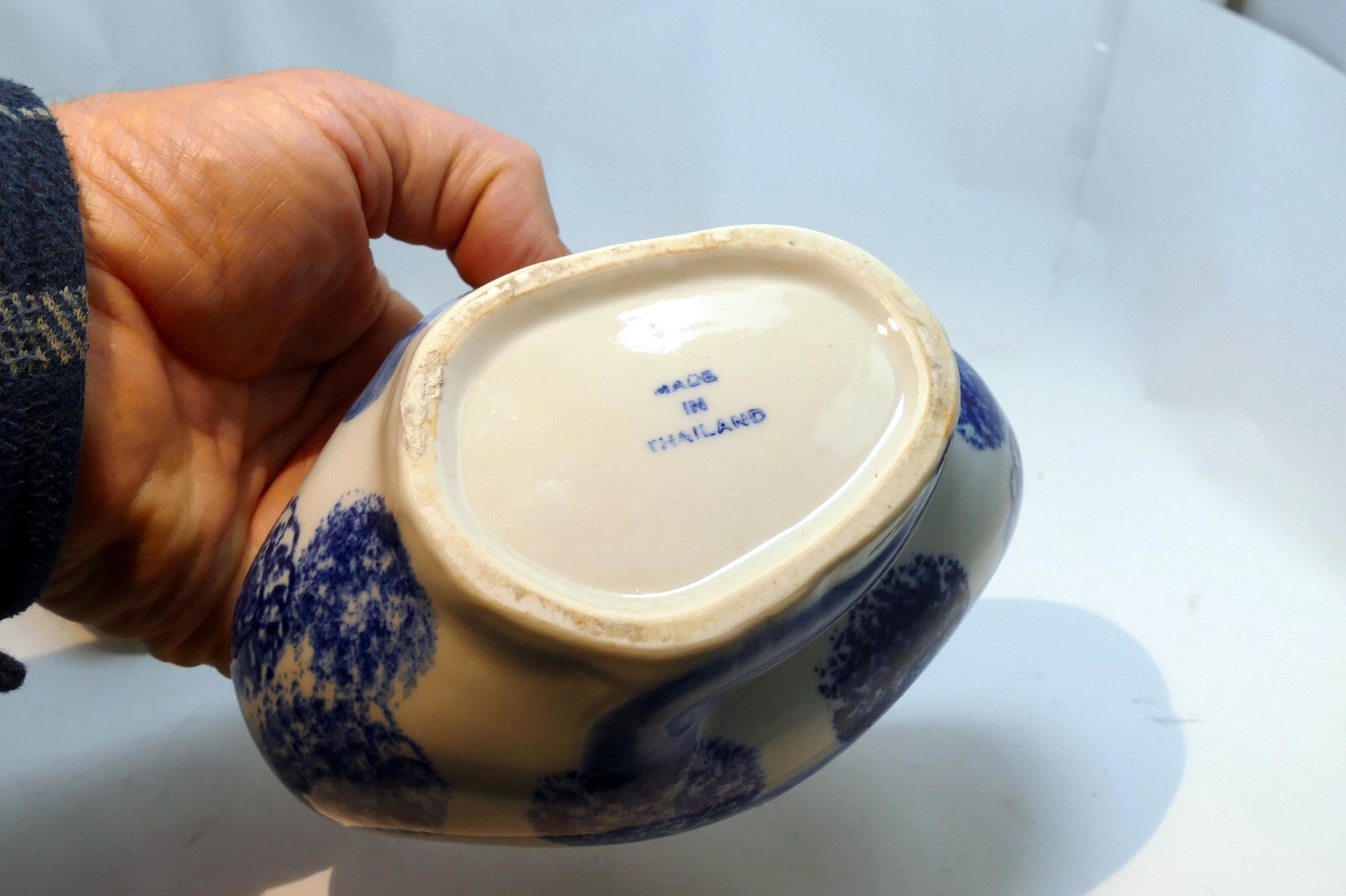 Vintage Ceramic Duck Goose Hand Painted Blue & White Trinket Box 6X4"