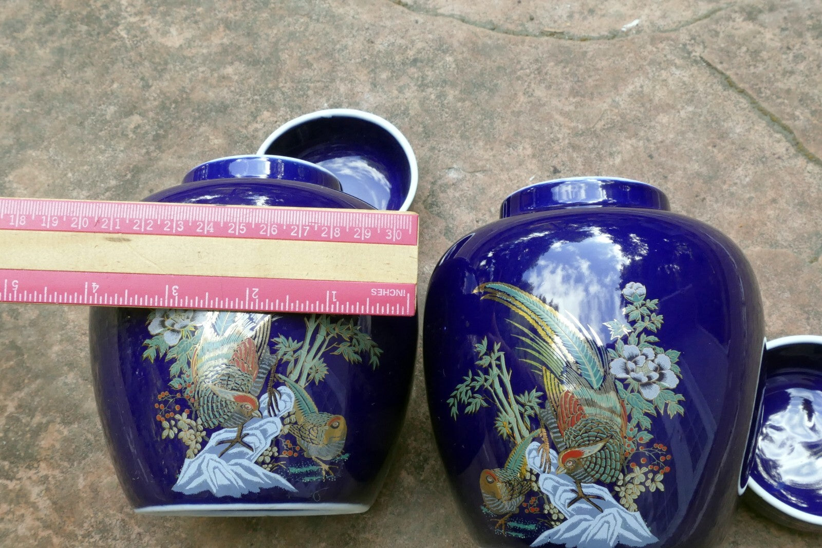 Kutani Ware Cobalt Blue Peacock/Floral Hand Painted Ginger Jar 5.5" tall 2 pack