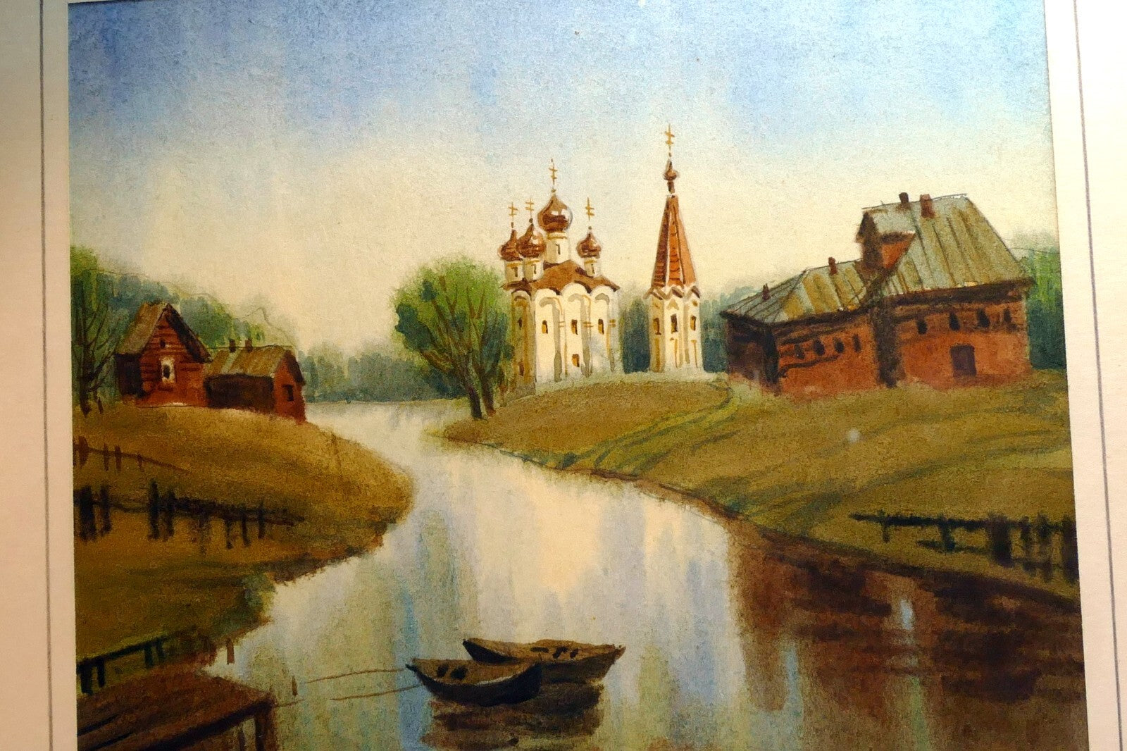 Olga Ivleva Watercolor Signed Russia village river church Art framed