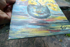 Oil Painting of  Blue Yellow Flowers Bouquet Vase Signed Minna ' 63  1963