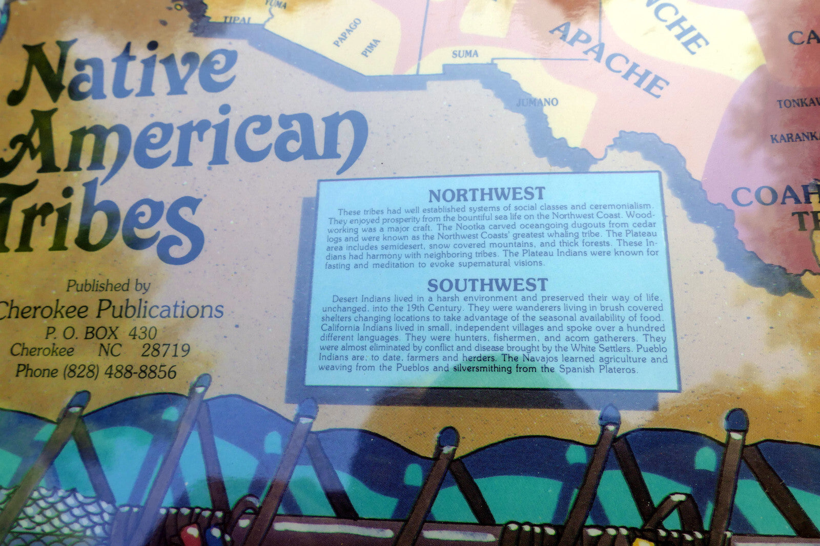 LARGE FRAMED TRIBES OF THE NaTIVE AMERICAN NATION PICTORIAL MAP Cherokee 1989
