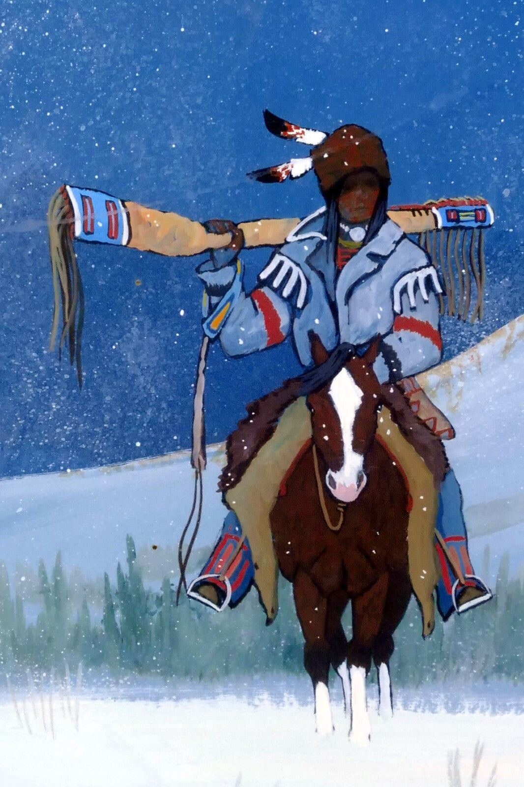 Gale running wolf sr "winter hunter" signed acrylic painting blackfeet native us