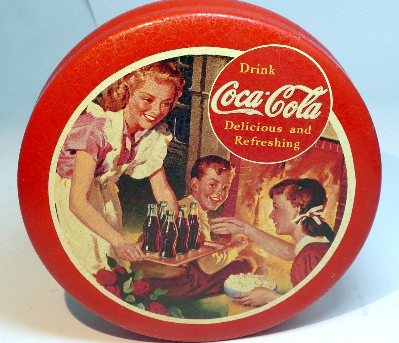 Coca-Cola Tin Can  Red & Gold "Delicious and Refreshing" Drink round 5"