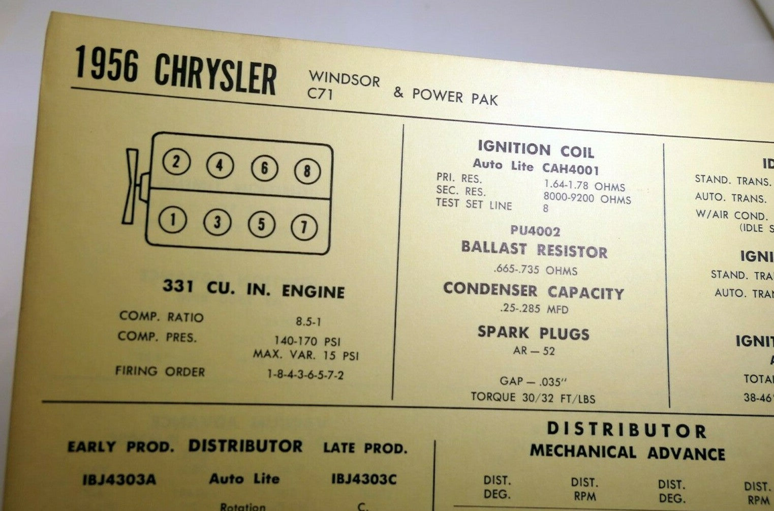 1956 chrysler windsor c71 power pak sun electric car specs sheet chart manual