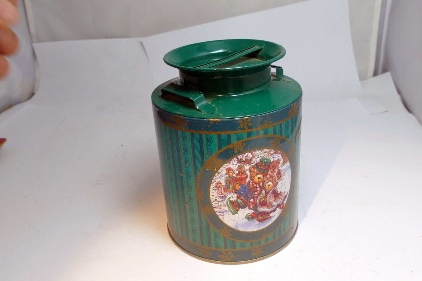 Metal Tin Christmas Round Cookie Candy Jar Container  Bear skating ice